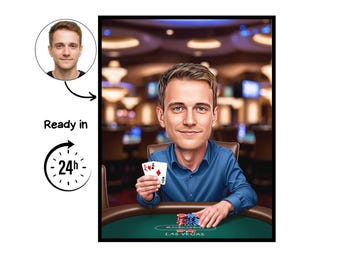 Poker Player cartoon Portrait, Poker gift, Custom Poker Caricature, Poker caricature from photo, gift for Poker Player, Poker portrait