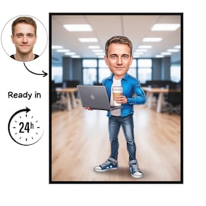 May include: A digital caricature of a man holding a laptop and a coffee cup, wearing a blue shirt and jeans. The image includes a smaller portrait and text that reads "Ready in 24h".