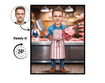 Butcher cartoon Portrait, Butcher gift, Custom Butcher Caricature, Butcher caricature from photo, gift for Butcher, Butcher portrait