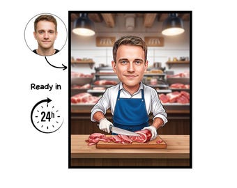 Butcher cartoon Portrait, Butcher gift, Custom Butcher Caricature, Butcher caricature from photo, gift for Butcher, Butcher portrait