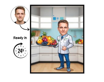 Portrait de dessin animé de nutritionniste, cadeau de nutritionniste, caricature de nutritionniste personnalisée, caricature de nutritionniste à partir d'une photo, cadeau pour nutritionniste