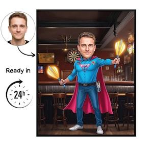 May include: A digital caricature of a man dressed as a superhero, holding two glowing darts. He wears a blue shirt with a red cape and jeans, standing in a bar setting. The image includes a portrait and text that says "Ready in 24h".