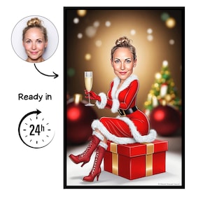 May include: A digital illustration of a woman in a Santa Claus outfit, holding a champagne glass. She is sitting on a red gift box with gold accents. The background features Christmas ornaments and a Christmas tree. The text "Ready in 24h" is also present.