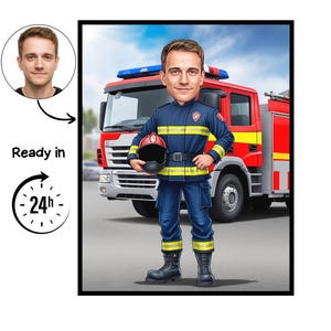 May include: Digital caricature of a firefighter in a navy blue uniform with yellow stripes, holding a red helmet. A red fire engine is in the background. The image includes a portrait and text that says "Ready in 24h".