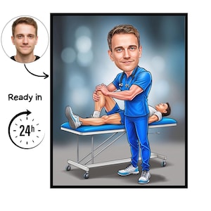 Può includere: Illustrazione a cartoni animati di un professionista medico in divisa blu, che assiste un paziente su un lettino medico. L'immagine include un ritratto e il testo "Ready in 24h".
