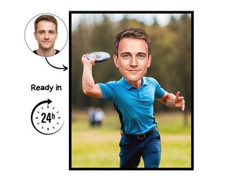 Disc Golf cartoon Portrait, Disc Golf gift, Custom Disc Golf Caricature, Disc Golf caricature from photo, gift for Disc Golfer, Disc Golf