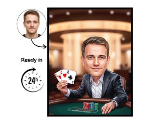 Cartoonportret pokerspeler, pokercadeau, aangepaste pokerkarikatuur, pokerkarikatuur van foto, cadeau voor pokerspeler, pokerportret