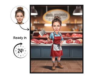 Butcher cartoon Portrait, Butcher gift, Custom Butcher Caricature, Butcher caricature from photo, gift for Butcher, Butcher portrait