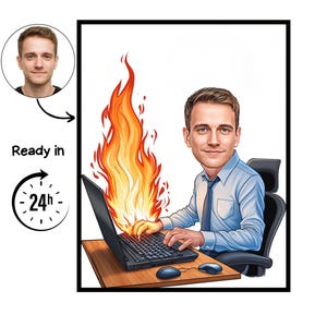 May include: Digital illustration of a man working on a laptop with flames rising behind it. The man is wearing a light blue shirt and tie. A small portrait of the man is in the upper left corner. The text "Ready in 24h" is also included.