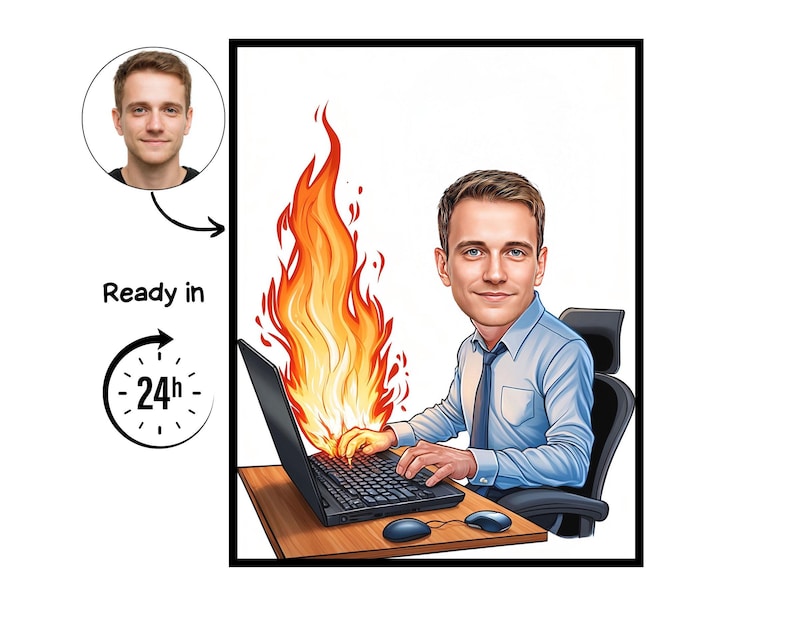 May include: Digital illustration of a man working on a laptop with flames rising behind it. The man is wearing a light blue shirt and tie. A small portrait of the man is in the upper left corner. The text "Ready in 24h" is also included.