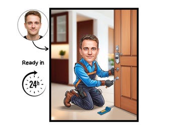 Puede incluir: Ilustración de dibujos animados de un cerrajero trabajando en una puerta de madera. El cerrajero lleva una camisa azul, un mono naranja y guantes negros. La imagen incluye un retrato y el texto "Ready in 24h".