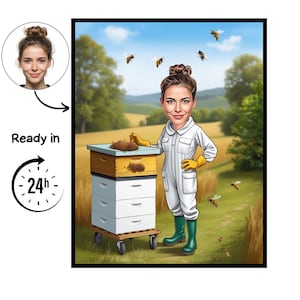Könnte beinhalten: Digitale Illustration einer Imkerin in weißem Anzug und gelben Handschuhen neben einem Bienenstock. Der Hintergrund zeigt ein Feld mit fliegenden Bienen. Der Text "Ready in 24h" ist ebenfalls sichtbar.