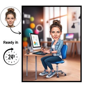 Könnte beinhalten: Cartoon-Illustration einer Frau an einem Schreibtisch, die an einem Computer arbeitet. Sie trägt eine Jeansjacke, ein weißes Hemd und blaue Jeans. Das Bild enthält den Text "Ready in 24h".