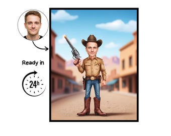 Op de afbeelding: Een cartoon illustratie van een persoon gekleed als een sheriff, met een pistool. De sheriff draagt een bruine cowboyhoed, overhemd en laarzen, met een blauwe spijkerbroek. De afbeelding is geplaatst tegen een achtergrond van een Westernstad. Tekst luidt "Ready in 24h".