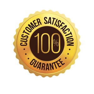 May include: A gold-colored badge with a scalloped edge. The badge has the words "CUSTOMER SATISFACTION GUARANTEE" in black text around the edge. In the center is a brown circle with the number "100%" in gold.