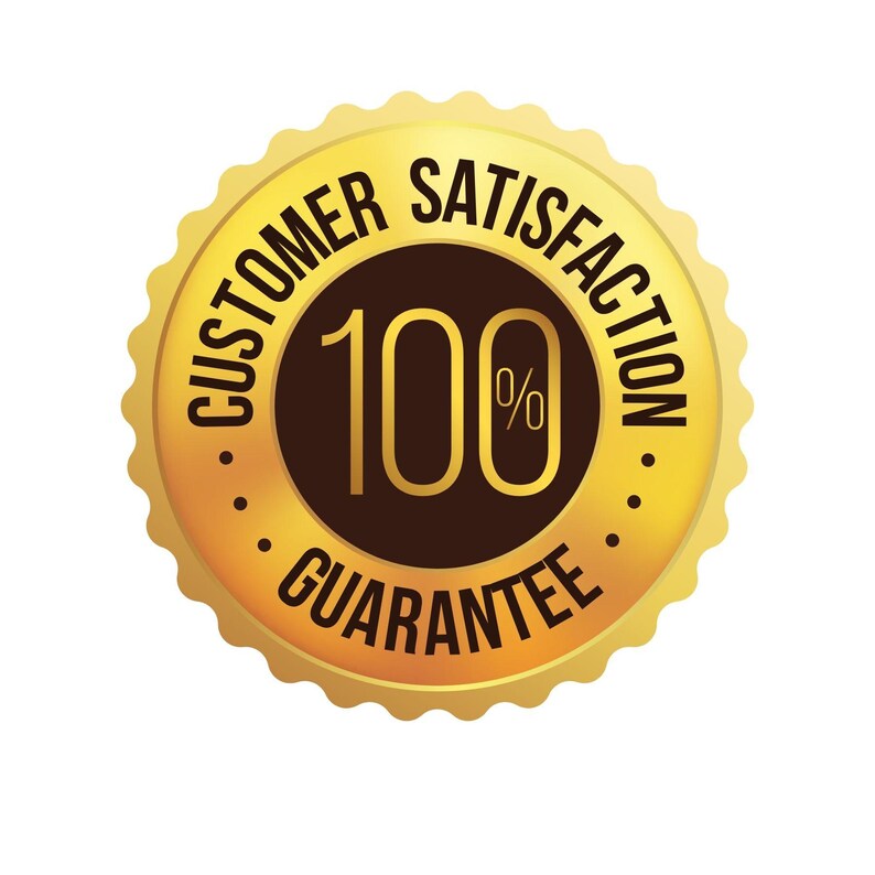 May include: A gold-colored badge with a scalloped edge. The badge has the words "CUSTOMER SATISFACTION GUARANTEE" in black text around the edge. In the center is a brown circle with the number "100%" in gold.