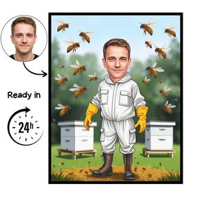 Könnte beinhalten: Eine digitale Illustration eines Imkers in einem weißen Anzug und gelben Handschuhen, umgeben von Bienen. Das Bild enthält zwei weiße Bienenstöcke und den Text "Ready in 24h". Der Imker steht auf einem Feld mit grünem Gras und blauem Himmel.