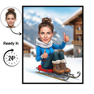 May include: Cartoon illustration of a person on a red sled, giving a thumbs up. The person is wearing a blue jacket, dark pants, and brown boots. A portrait of the person is in the upper left corner. Text reads "Ready in 24h". The background shows a snowy mountain scene.