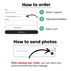 May include: A white graphic with instructions on how to order and send photos on Etsy. The steps include selecting an option, adding personalization, and adding to cart. Instructions on sending photos are also included.