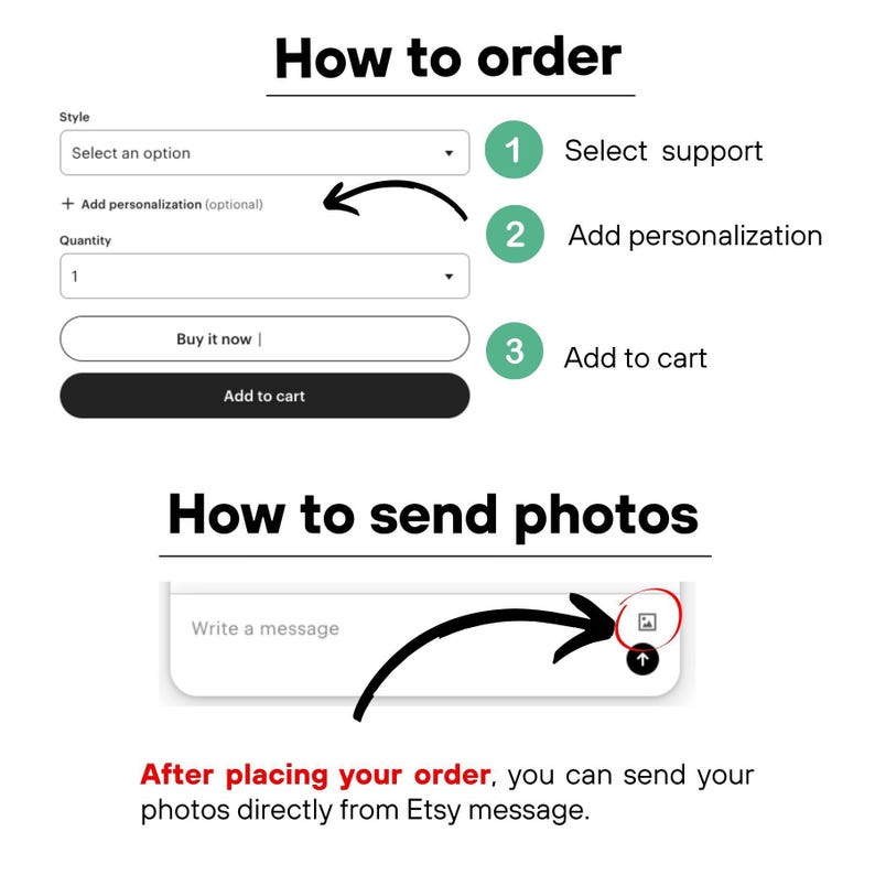 May include: A white graphic with instructions on how to order and send photos on Etsy. The steps include selecting an option, adding personalization, and adding to cart. Instructions on sending photos are also included.