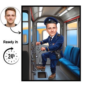 Pode incluir: Caricatura digital de uma pessoa com uniforme e chapéu azuis, operando um trem. A imagem inclui uma foto do rosto da pessoa e o texto "Ready in 24h". O interior do trem apresenta assentos azuis e controles metálicos.