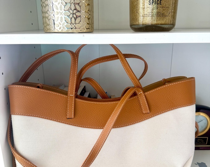 Beautiful luxury tan leather and canvas tote bag