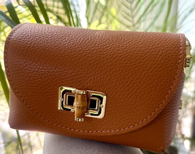 Mini crossbody Italian leather bag with gold plated chain strap