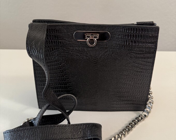 Silver Chain Handle 100% Leather Bag with Fixed Strap and Metal Interlocking Mechanism