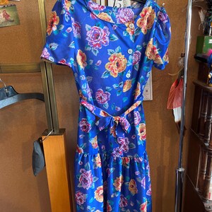 1980s Deep Blue Floral Dress