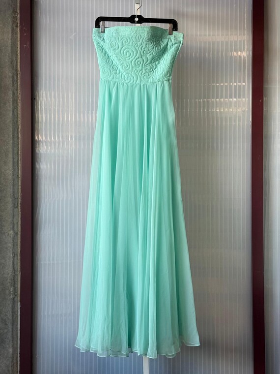 1970s Aqua Blue Empire Waist Flowing Evening Gown