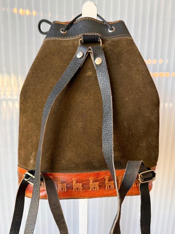 Suede & Tooled Leather Drawstring Backpack - image 2