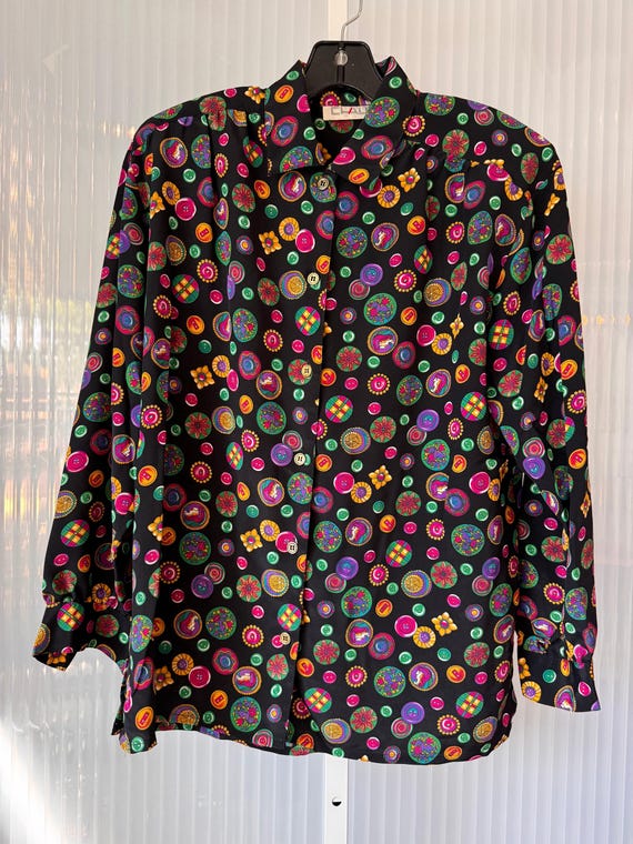 1980s Black & Multicolor Button Pattern Blouse - image 1