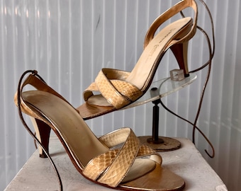 1990s / Y2k Cream Snakeskin Strappy Heels