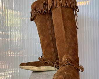 Women's Classic Fringe Softsole Moccasin in Brown - Tenni Moc's Shoe Store