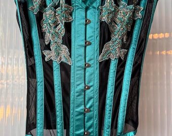 Corset Story Beaded Teal & Black Mesh Satin Overbust Corset