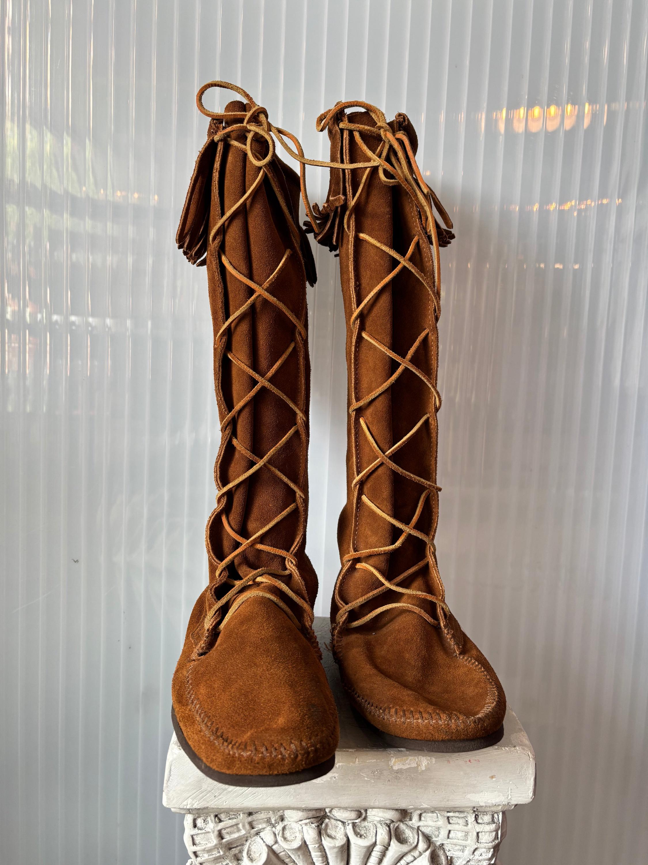 Minnetonka Brown Suede Fringe Knee-high Moccasin Size 11 - Etsy