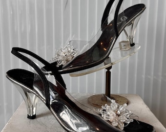 Zapatos de tacón con puntera abierta y tira trasera, de PVC negro y transparente, estilo años 80.