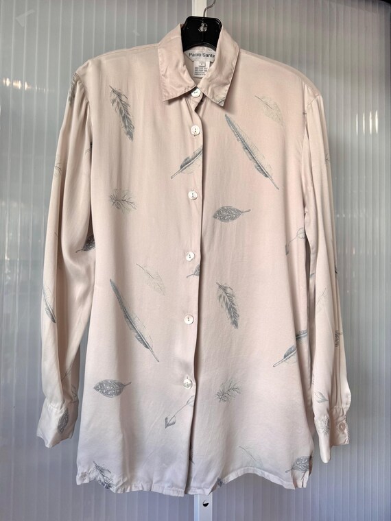 1990s Feather Pattern Taupe Button Up Blouse - image 1