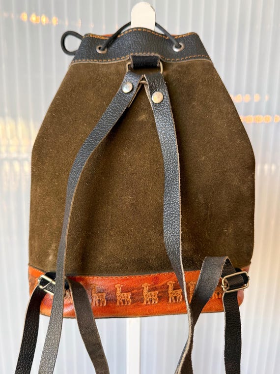 Suede & Tooled Leather Drawstring Backpack - image 2