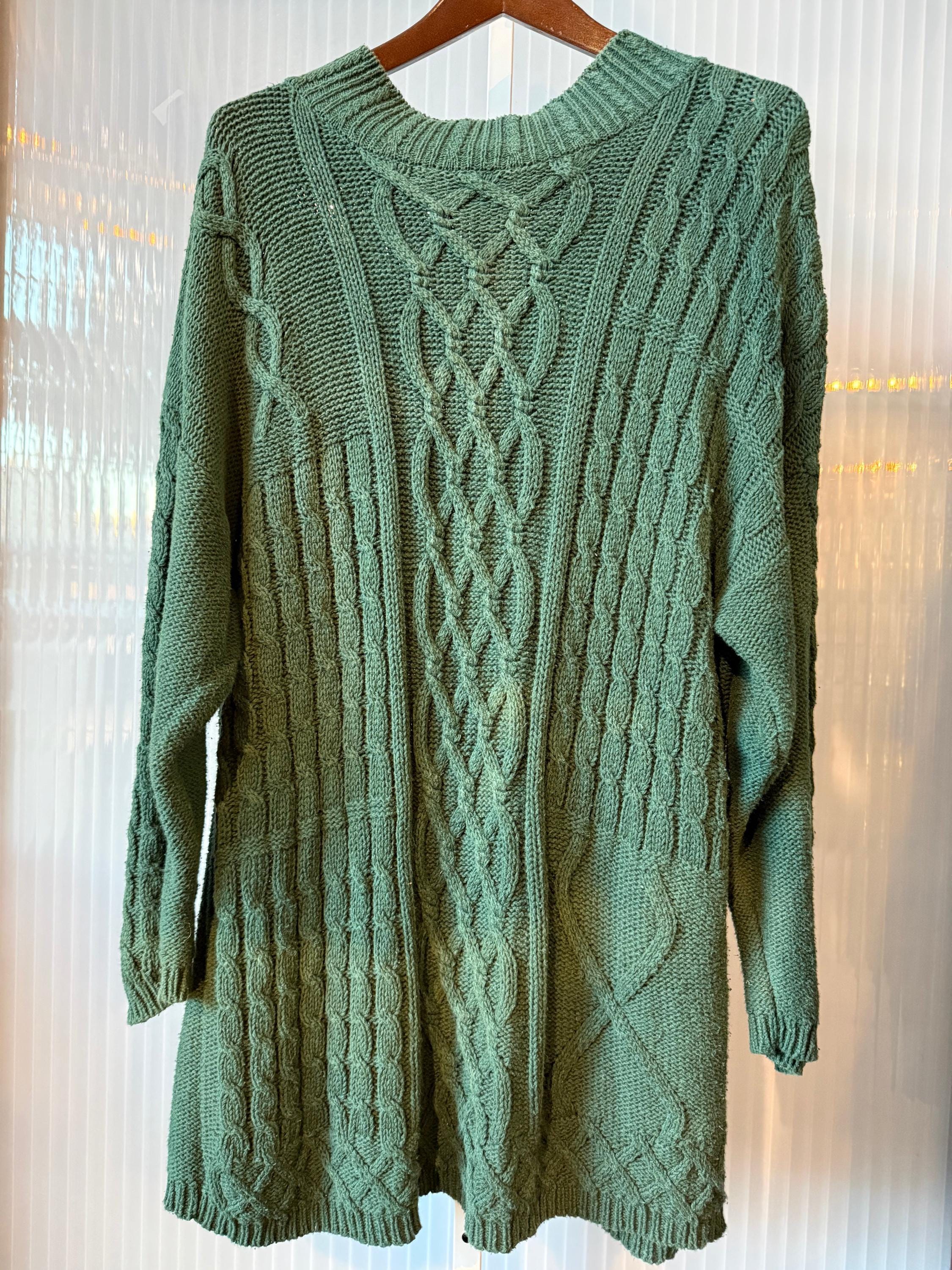 green cable knit sweater dress Green Cable Knit Mock Neck Sweater Dress