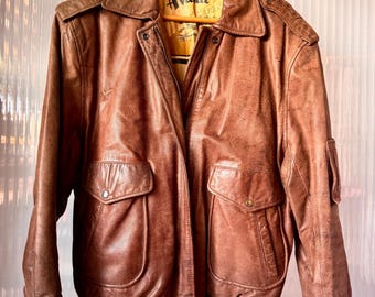 Vintage 1990s Genuine Leather Brown Bomber Jacket / See