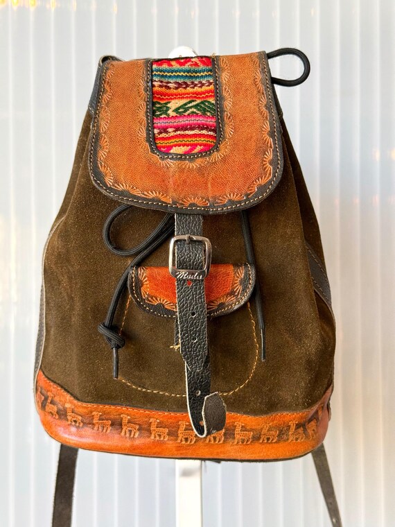 Suede & Tooled Leather Drawstring Backpack - image 1