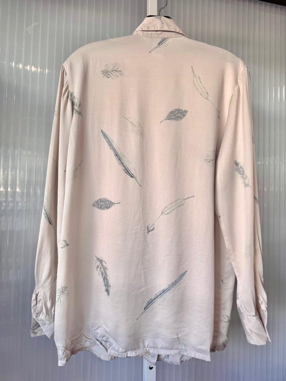 1990s Feather Pattern Taupe Button Up Blouse - image 2
