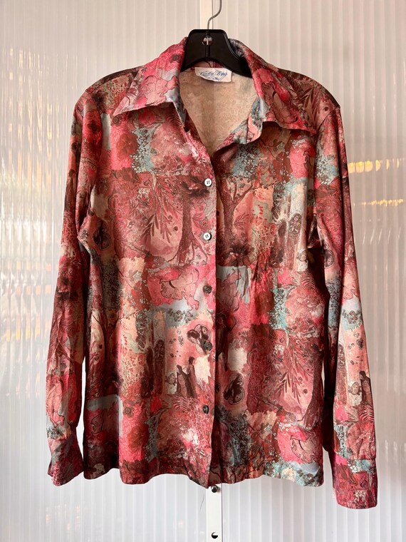 1970s Red & Brown Point Collar Button Up Shirt - image 1