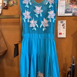 1970s Blue & Pink Floral Embroidered Dress