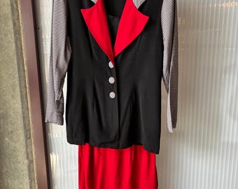 1980s Black & White Gingham Blazer Red Skirt Set