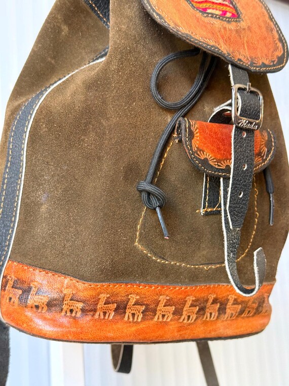 Suede & Tooled Leather Drawstring Backpack - image 3