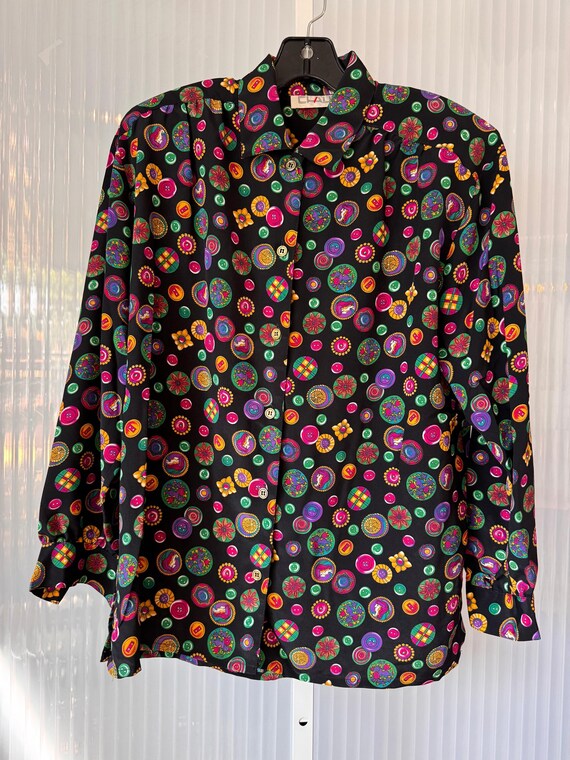 1980s Black & Multicolor Button Pattern Blouse - image 1