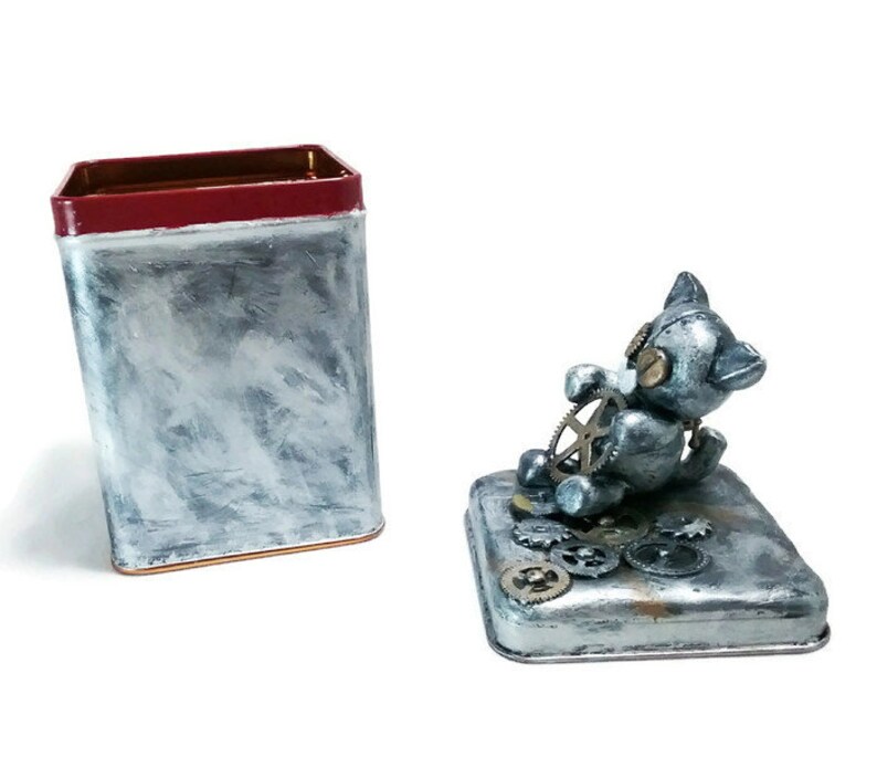 Steampunk Robo Cat Tea Tin Small Craft Storage Container Steampunk Box Tea Storage Container