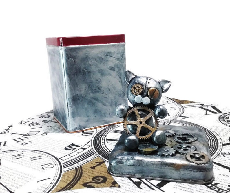Steampunk Robo Cat Tea Tin Small Craft Storage Container Steampunk Box Tea Storage Container